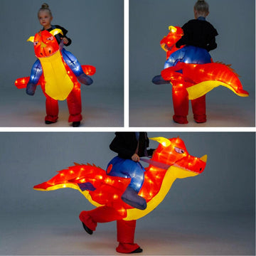 Bddedd Kids Inflatable Costume, Blow Up Red Dragon Dinosaur With Led Light For Halloween (Kids)