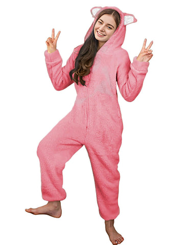 Batermoon Girls Fleece Zip Up Jumpsuits Kids Hooded Rompers Costume Winter Clothes 5-14 Years Pink