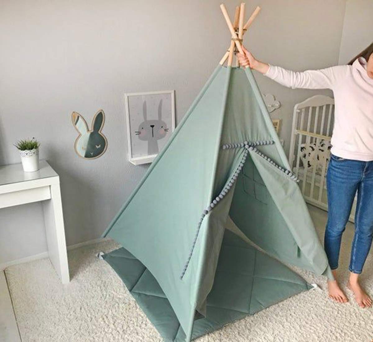 Rongfa Kids Teepee Tent With White Pom Pom - Indoor Play Teepee For Children Boys Portable Play House (Green)
