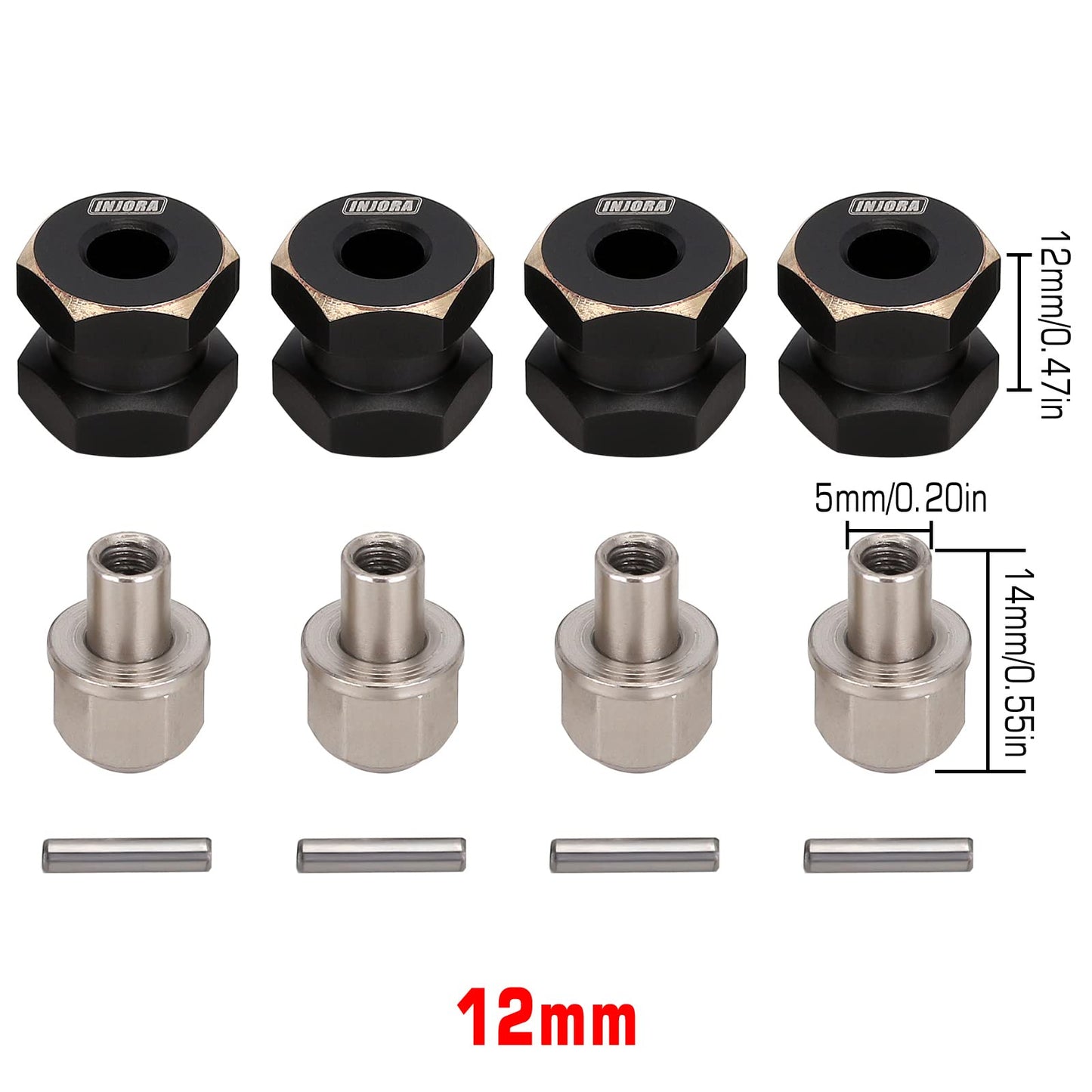 INJORA RC Hex Hub 12mm Brass Wheels Hex Hub Extension Black Hex Drive Adapter for 1/10 RC Crawler Axial SCX10 90046 D90 (12mm)