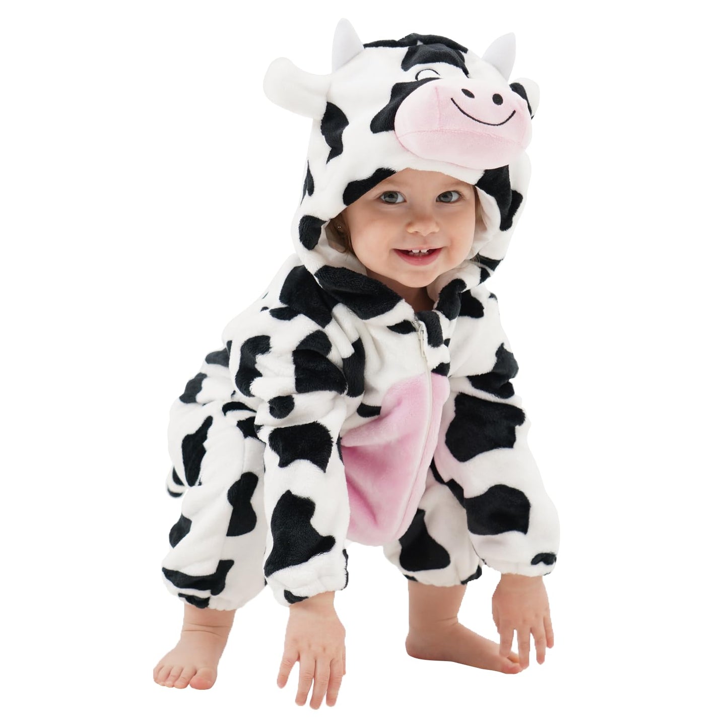 Lonulain Unisex Baby Animal Costume Pajamas, Infant Flannel Hooded Halloween Romper Cosplay Costume/Homewear/Sleepwear (Cow,12-1