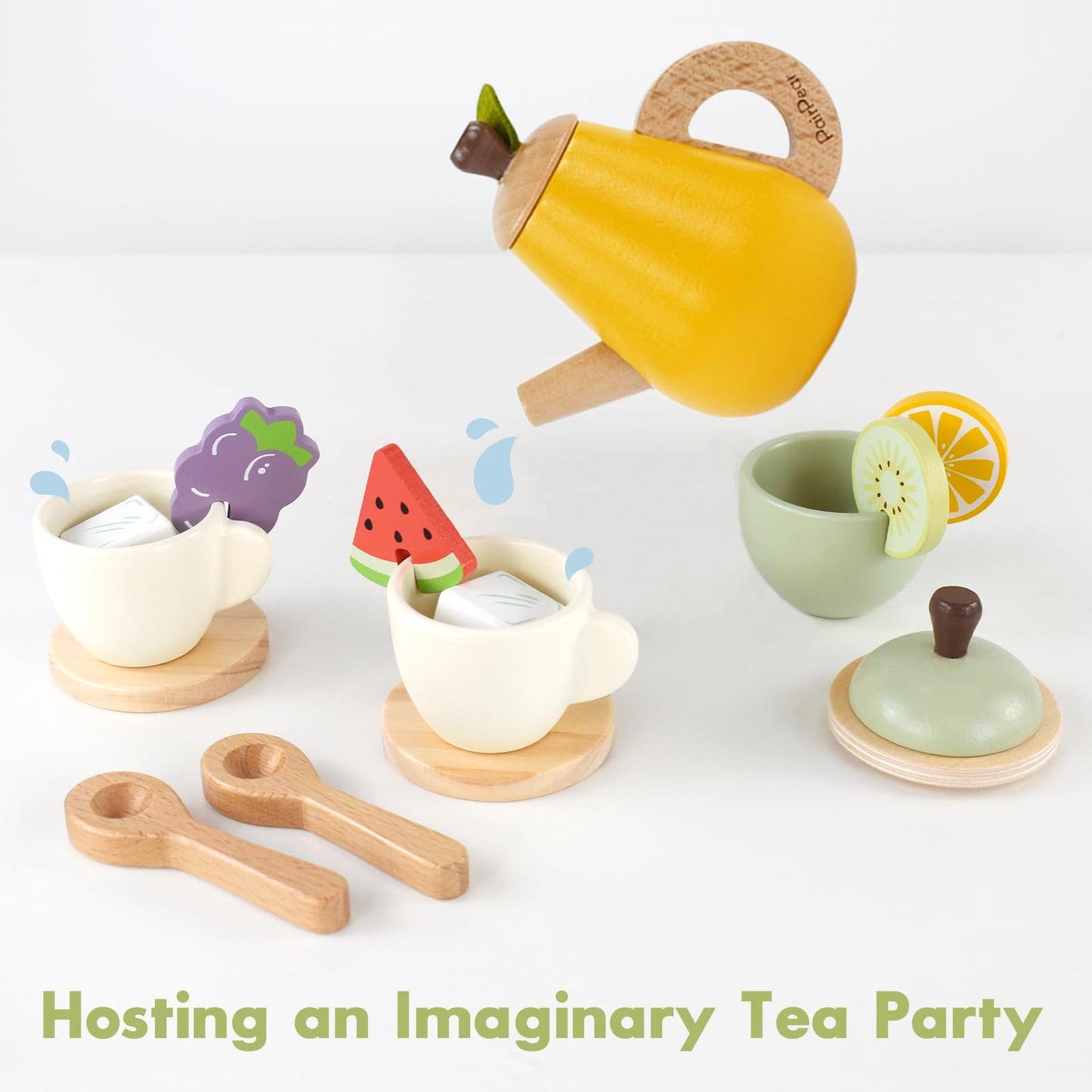 PairPear Wooden Toys Tea Party Set, Toddler Tea Set for Little Girls, Kids Pretend Play Kitchen Accessories, Wooden Play Food To