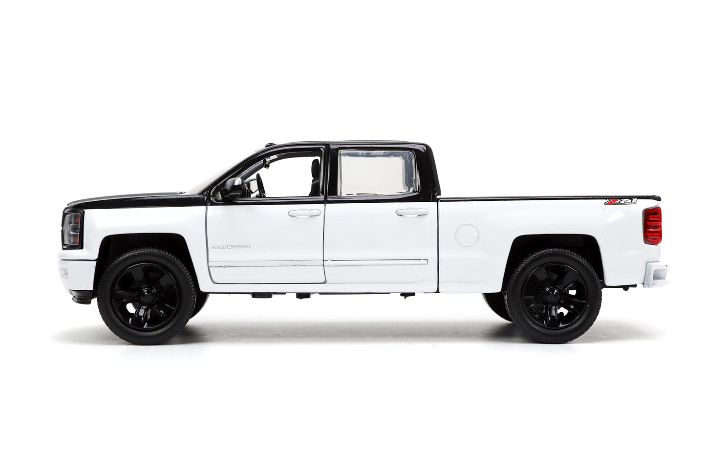 Jada Toys Just Trucks 1:24 2014 Chevy Silverado Z-71 Die-Cast Car Black/White With Tire Rack, Toys For Kids And Adults