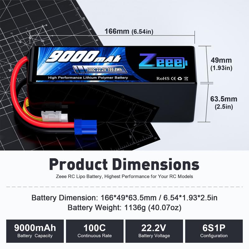 Zeee 6S Lipo Battery 9000mAh 22.2V 100C Soft Case RC Battery EC5 Connector with Metal Plates for RC Car Truck Desert Racer RC Ta