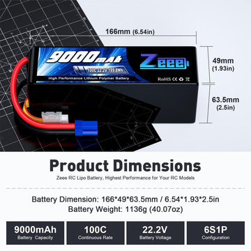 Zeee 6S Lipo Battery 9000mAh 22.2V 100C Soft Case RC Battery EC5 Connector with Metal Plates for RC Car Truck Desert Racer RC Ta