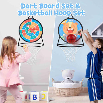Cyfie Basketball Hoop Toddler, 2 In 1 Basketball Hoop Dart Board For Kids Sports Toys Slam Dunk, Sticky Darts, Basketball Gift For Girls Boys Office Party