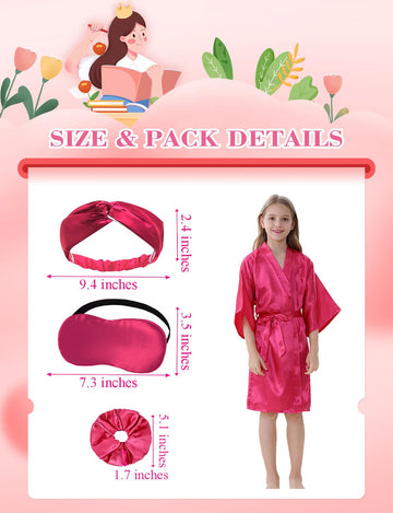 Kid Girls Spa Costume Party Set with Eyemask Hairband Hair Ring Silky Plain Kimono Robes for Wedding Flower Robe (Rose Tag 12)