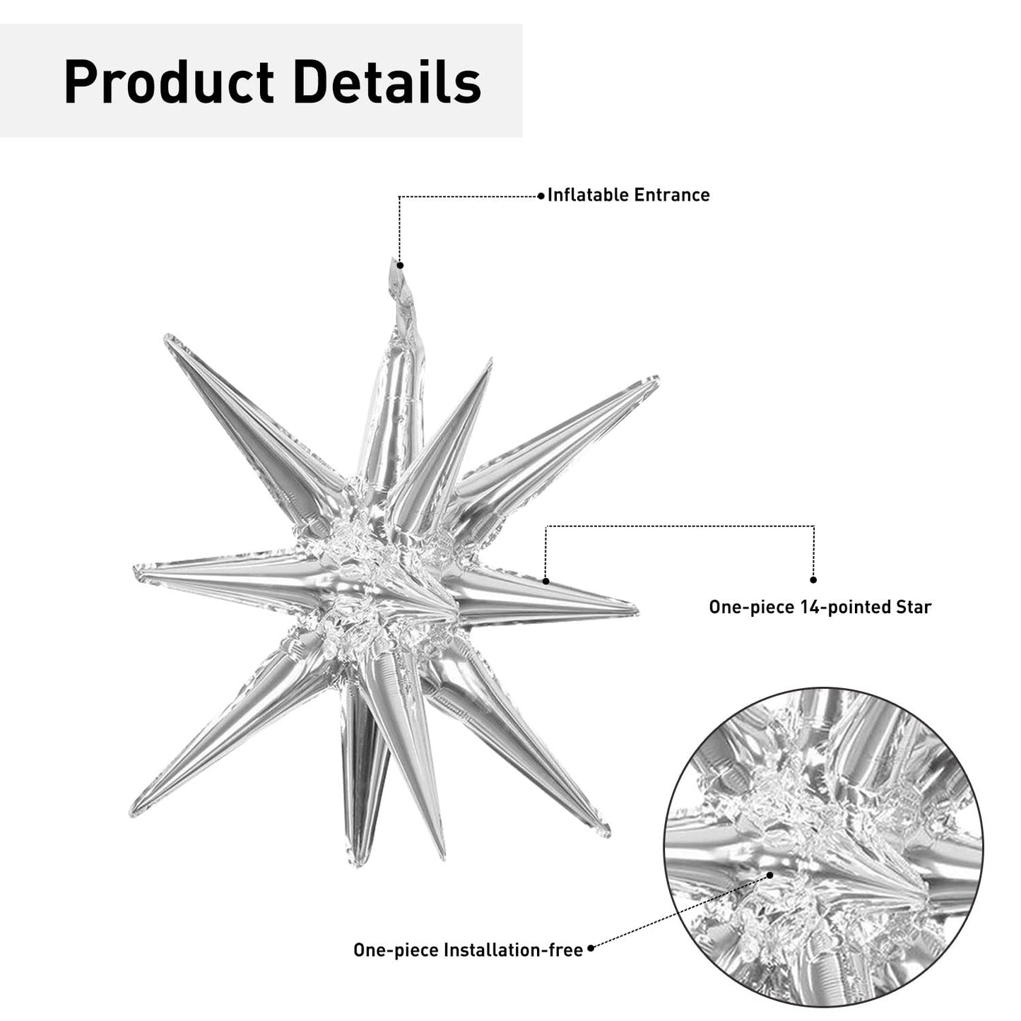 6 Pcs Silver Star Foil Balloons One-Piece 14-Pointed Star Balloons 4D Starburst Cone Mylar Balloons 22Inch Christmas Birthday We