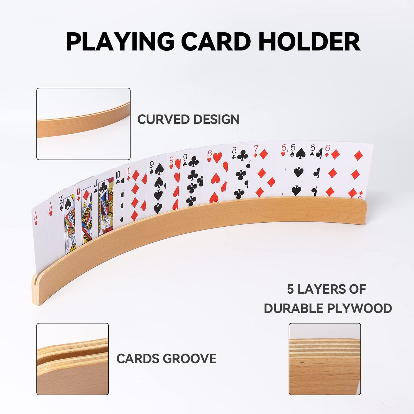 Gse Games & Sports Expert Set Of 4 Playing Cards Holders, Wooden Playing Card Racks, Curved Playing Card Trays For Bridge, Hand