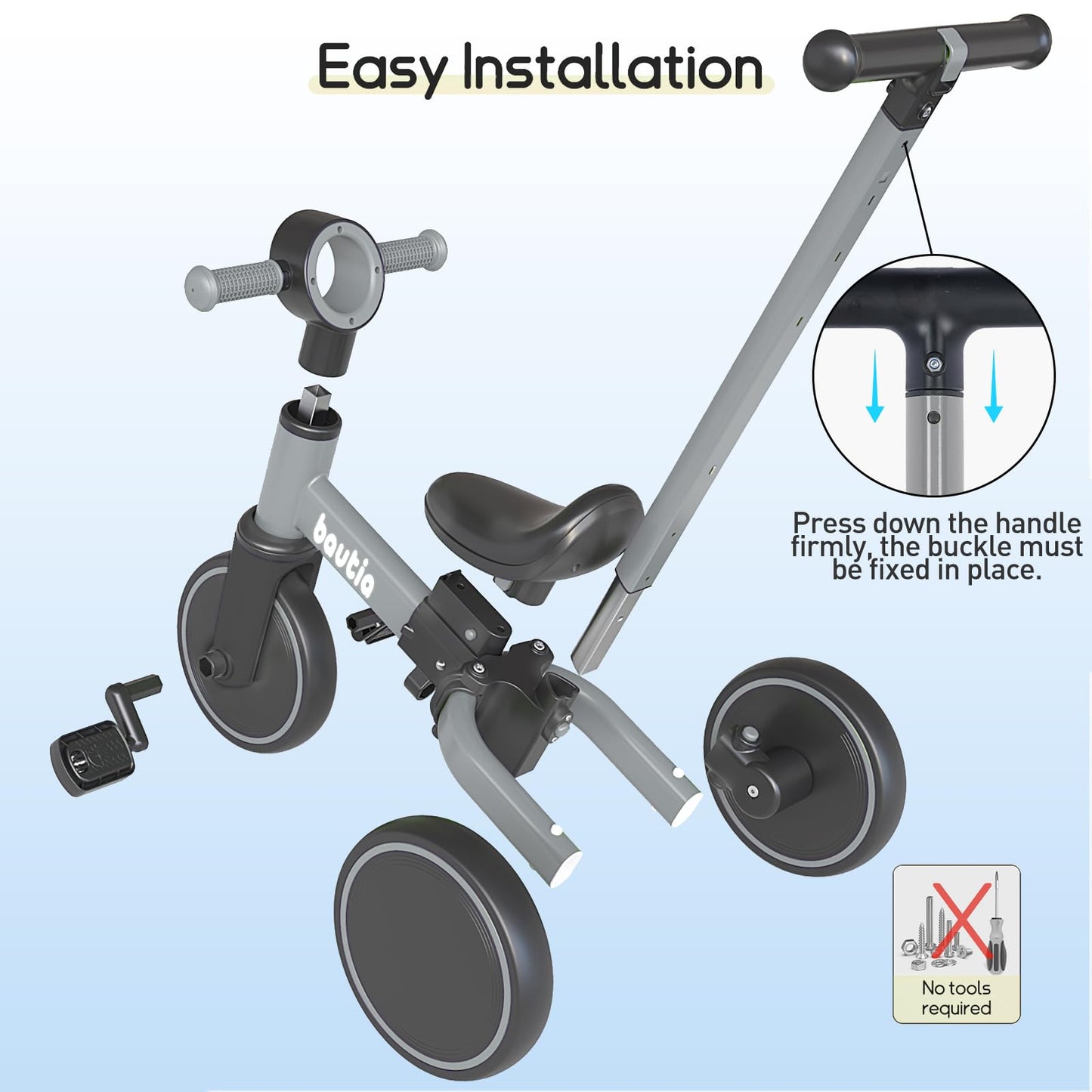 Bautia 5 in 1 Kids Tricycle for Toddlers 1-3 Baby Balance Bike Toy for 1-4 Years Old Boys Girls Gift with Push Handle & Removabl