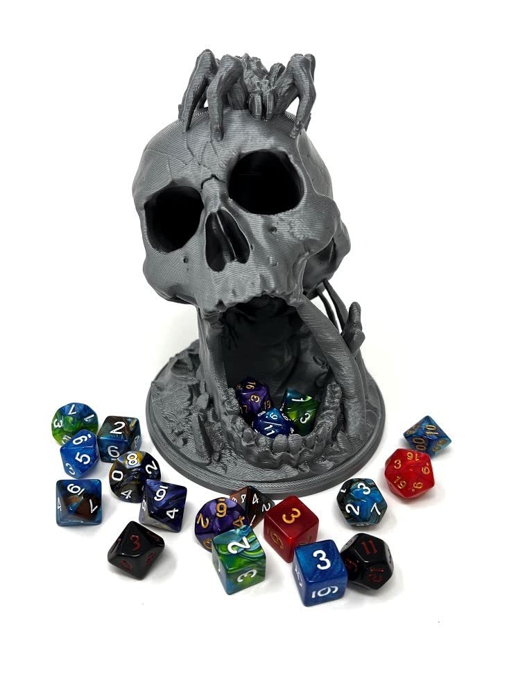 Munnygrubbers - 6.5' Skull Dice Tower - (Random 7Pcs D20 Dice Set Included) - No Paint Odorless Plastic - Tabletop Roleplaying Game - Dice Roller - Dungeons And Dragons - Dnd - D&D - (Silver)