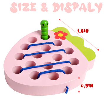 NAODONGLI Wooden Lacing Toys - Strawberry Color, Medium Size, Montessori Educational Puzzle for Toddlers 1-3 Years Old
