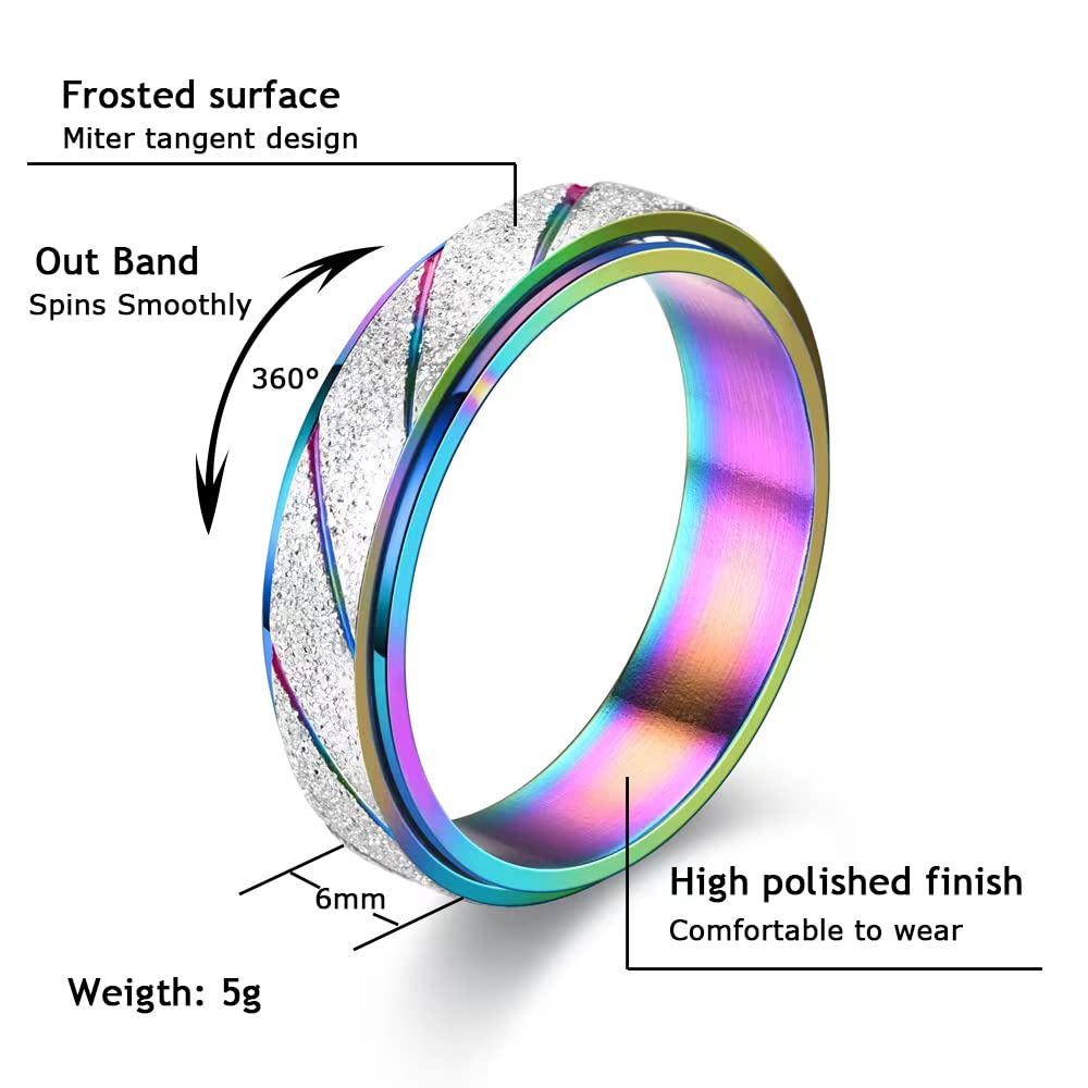 SHOLLY Anxiety Rings Fidget for Women Stress Relief Spinner Teen Girls 4Pcs 6MM Titanium Steel Size 5-11 (6mm 4pcs/ Frosted+Diag