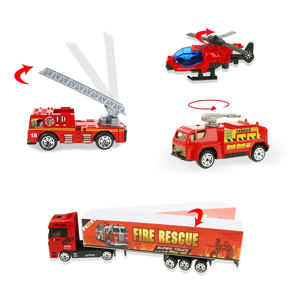 Coolplay Fire Truck Toy Set for Kids, Toy Vehicles Carrier Truck with Die-cast Cars, Rescue Firetruck for Boys 3-6 Years Old