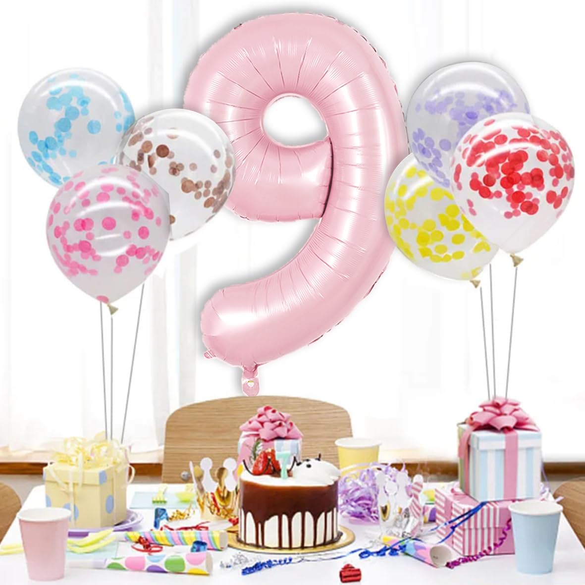 TONIFUL 40 Inch Pastel Pink Number 9 Balloon with Pink Bow Balloon Big Pink Digital 9 Balloon for Girl s Birthday Party Wedding