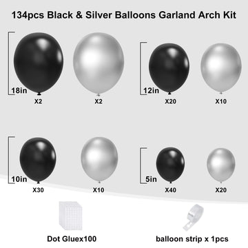 Black And Silver Balloons Arch Garland Kit, 134Pcs Metallic Chrome Silver And Black Balloons With Different Size For Birthday, G
