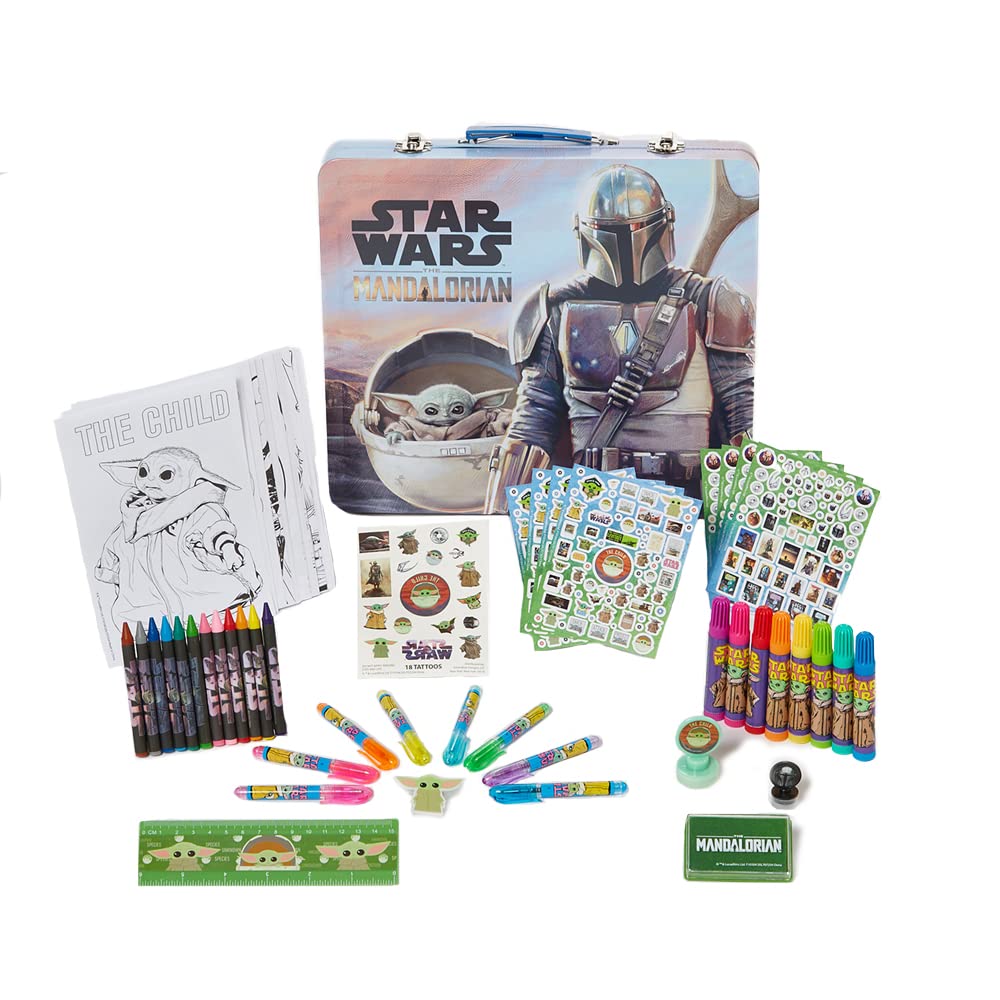 Innovative Designs Star Wars Mandalorian Baby Yoda Deluxe Activity Set For Kids With Carrying Tin, Coloring Sheets, Tattoos, Stickers, & Art Supplies, 500+ Pieces