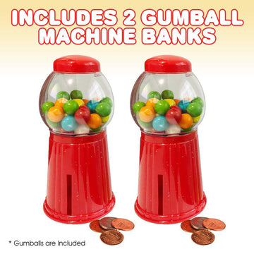 Artcreativity Gumball Machine Bank For Kids, Set Of 2, 5.25 Inch Desktop Bubble Gum Mini Candy Dispenser, Unique Money Saving Coin Bank, Great Gift Or Vintage Office Desk Decoration- Gumballs Included