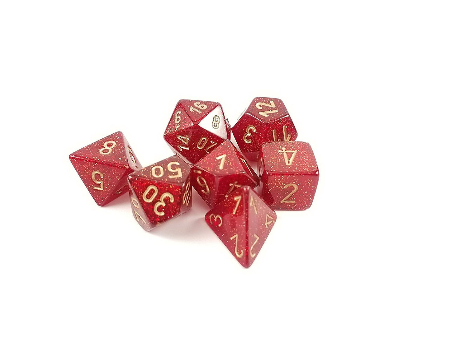 Chessex Polyhedral 7-Die Glitter Dice Set - Ruby with Gold Numbers