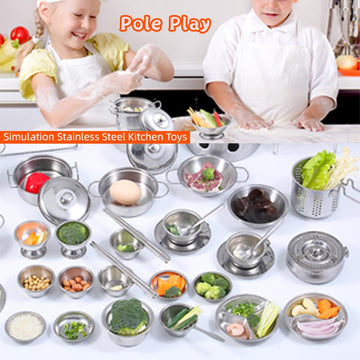 Classic Stainless Steel Kitchen Toys Cooking Utensils Set-Pretend Play Pots Pans Toy Cookware Kits for Kids Cooking Utensil Set