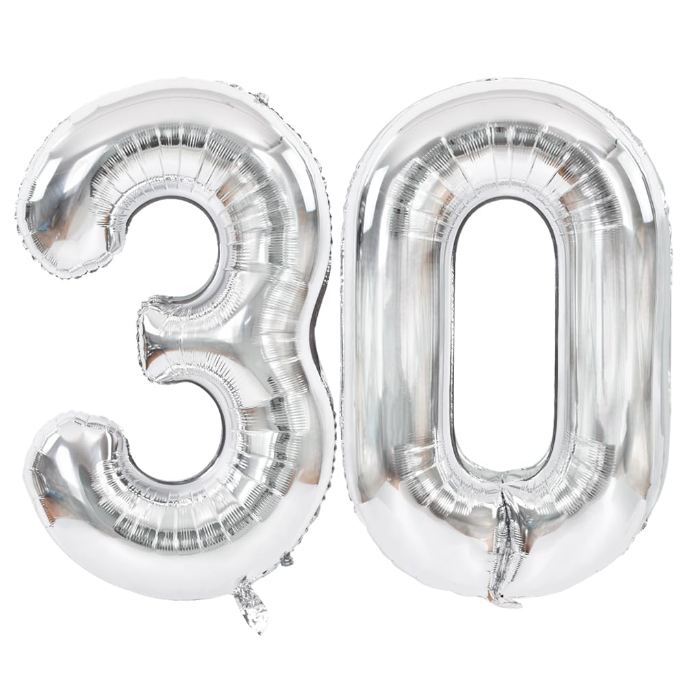 Toniful 40 Inch Silver Large Numbers Balloons Number 30 Digital 30 Helium Balloons, Foil Mylar Big Number Balloons For Birthday