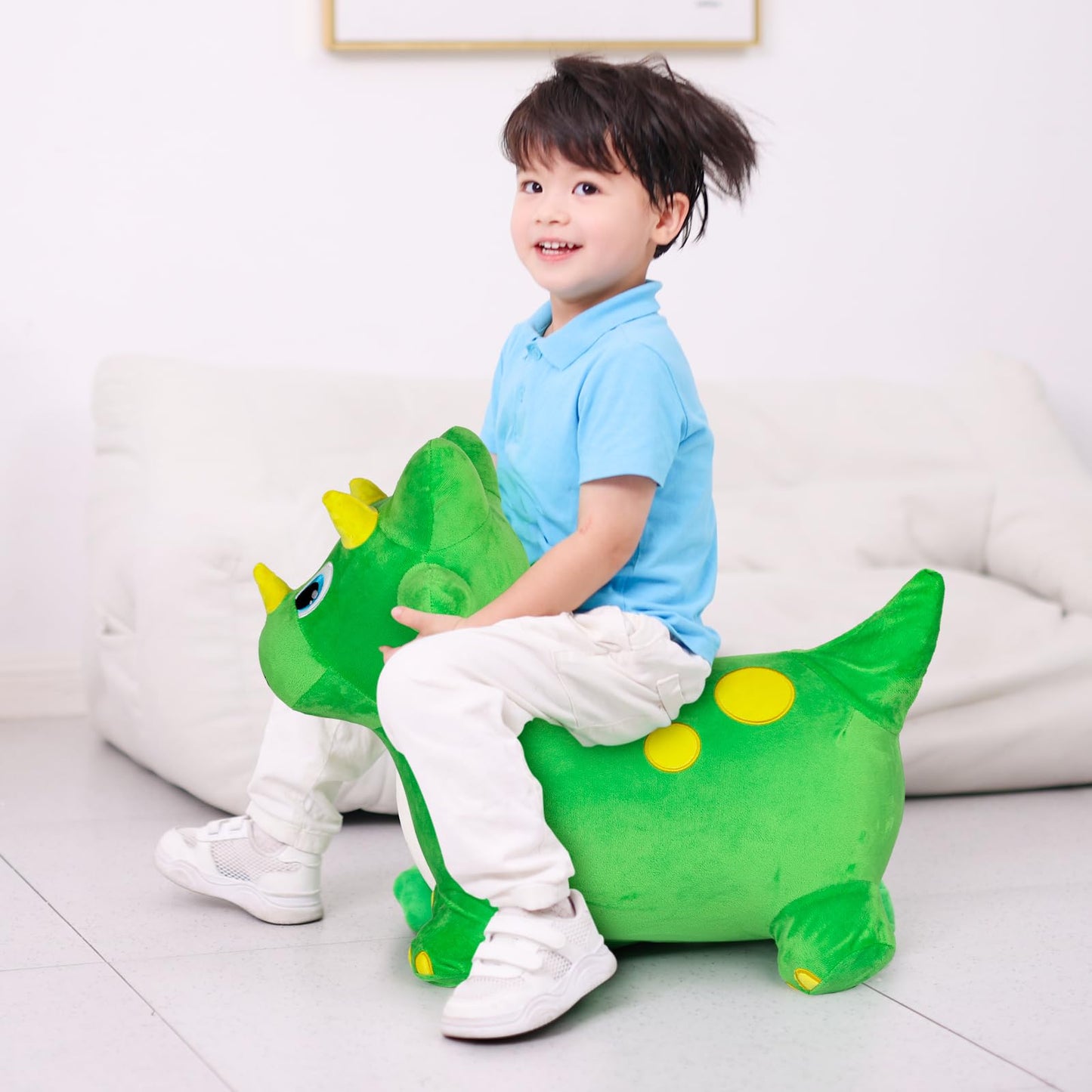 INPANY Bouncy Dinosaur Hopper Toy, Green Plush Triceratops, Medium Size, Inflatable Ride-On for 2-4 Year Old Kids, Indoor/Outdoor Fun