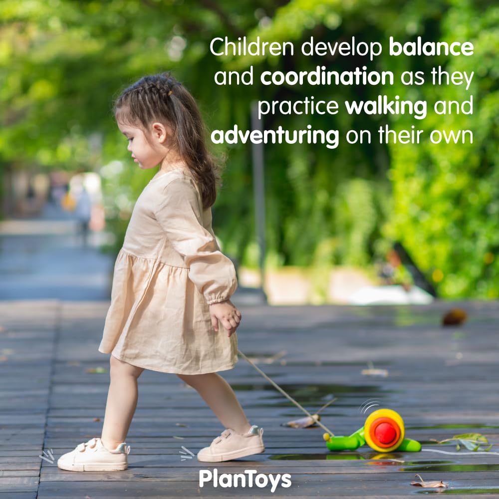 PlanToys Wooden Pull Along Snail Pull Toy (5108) | Sustainably Made from Rubberwood and Non-Toxic Paints and Dyes