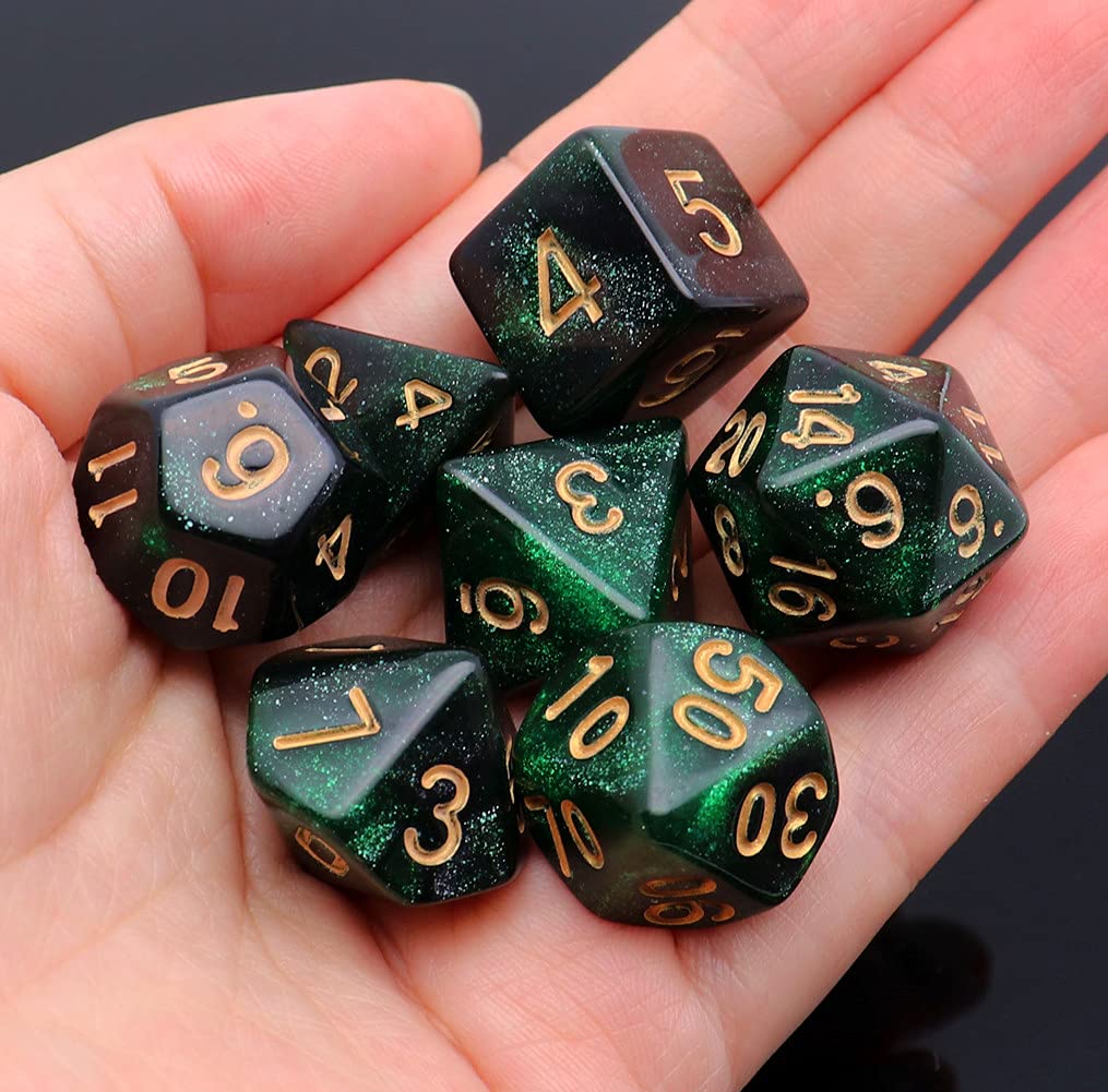 CREEBUY Polyhedral DND Glitter Dice Set - Black Mixed Green Nebula Acrylic for RPG Games