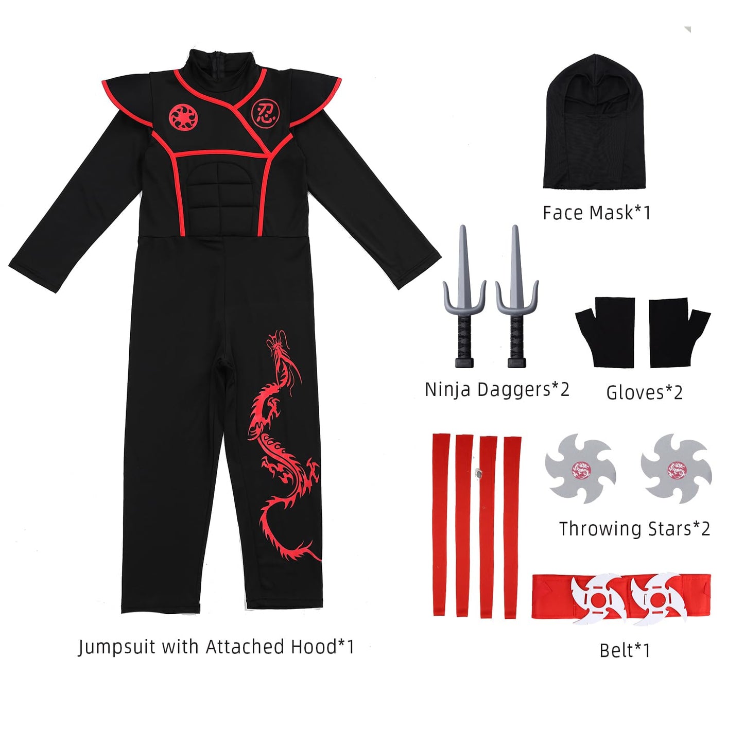 Twister.Ck Ninja Costume For Boys, Deluxe Ninja Costume With Ninja Foam Accessories For Kids Dress Up Party (M)