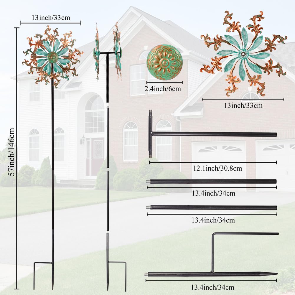 Viveta Wind Spinners Outdoor, Metal Wind Sculptures For Yard And Garden,13 * 57 ''Double Windmill With Stable Stake