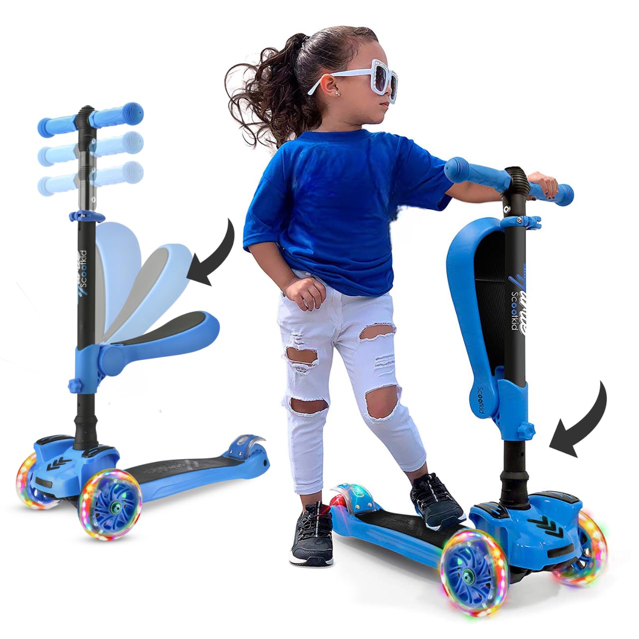Hurtle 3-Wheeled Scooter For Kids - Wheel Led Lights, Adjustable Lean-To-Steer Handlebar, And Foldable Seat - Sit Or Stand Ride With Brake For Boys And Girls Ages 1-14 Years Old - Blue