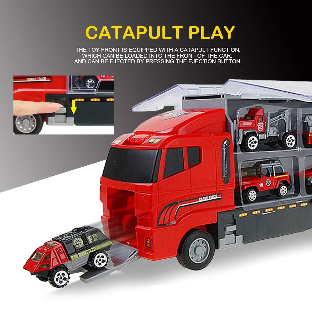 Coolplay Fire Truck Toy Set for Kids, Toy Vehicles Carrier Truck with Die-cast Cars, Rescue Firetruck for Boys 3-6 Years Old