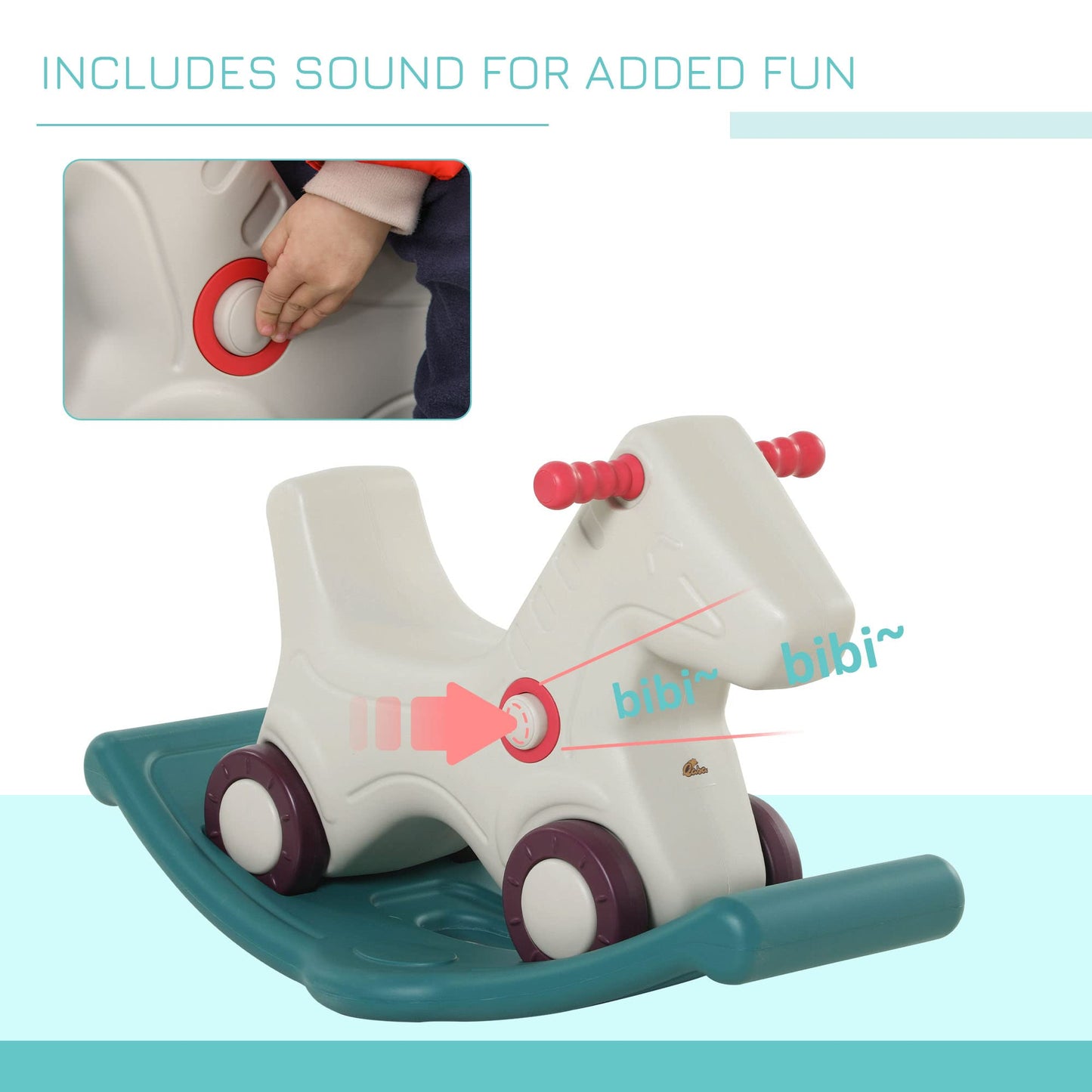 Qaba Kids 2 In 1 Rocking Horse & Sliding Car For Indoor & Outdoor Use W/Detachable Base, Wheels, Smooth Materials, Grey And Green