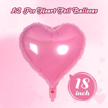 12 Pcs Heart Balloons,18 Inch Pink Heart Foil Balloons Love Balloons Valentine Balloons For Birthday Party Wedding Engagement Pa