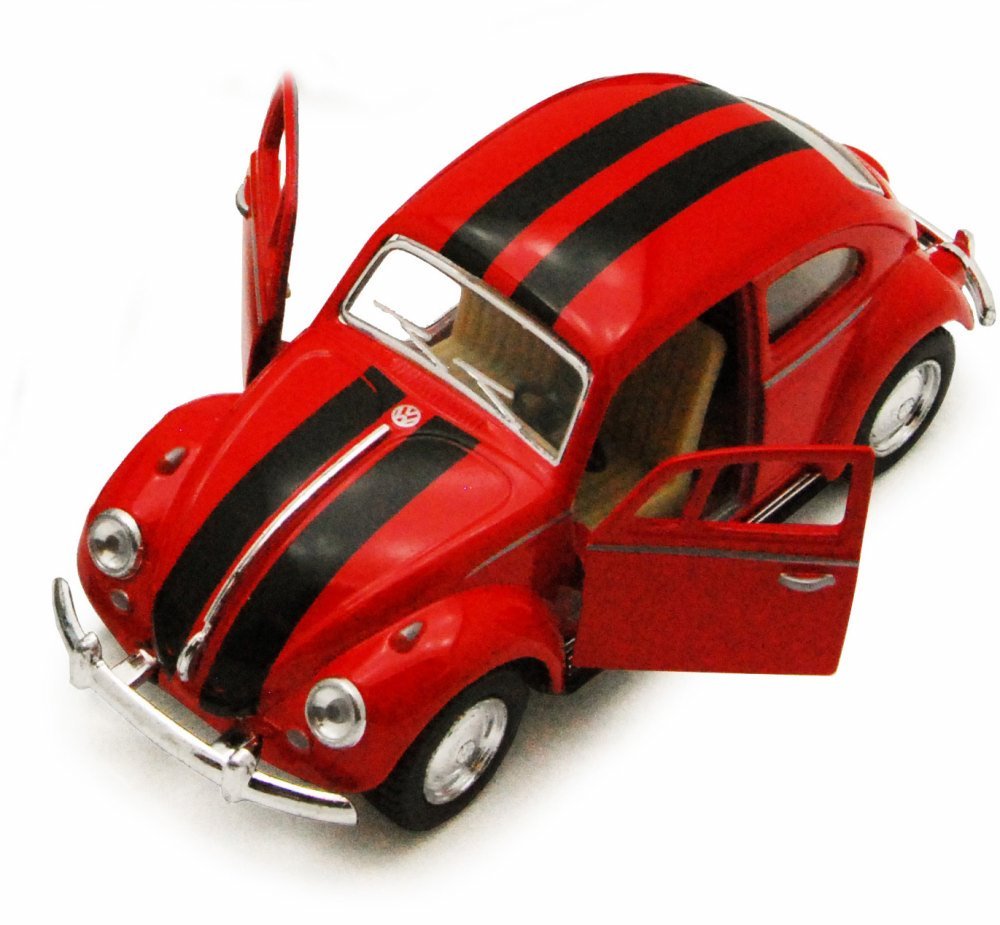 Set of 4 Cars: 5'' Classic 1967 Volkswagen Beetle with Racing Stripes 1:32 Scale (Blue/Red/White/Yellow)