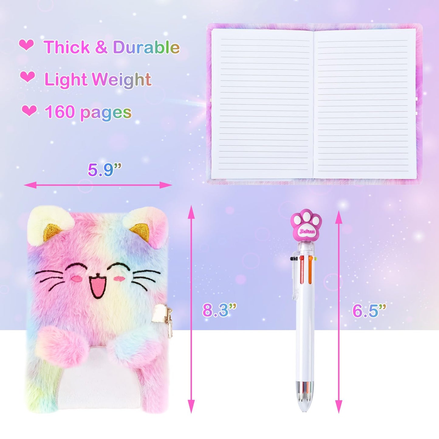 Cat Diary With Lock, Gift For 6 7 8 Year Old Girl, Secret Diary Journal Notebook With Coin Purse, Multicolored Pen, Post-It Note