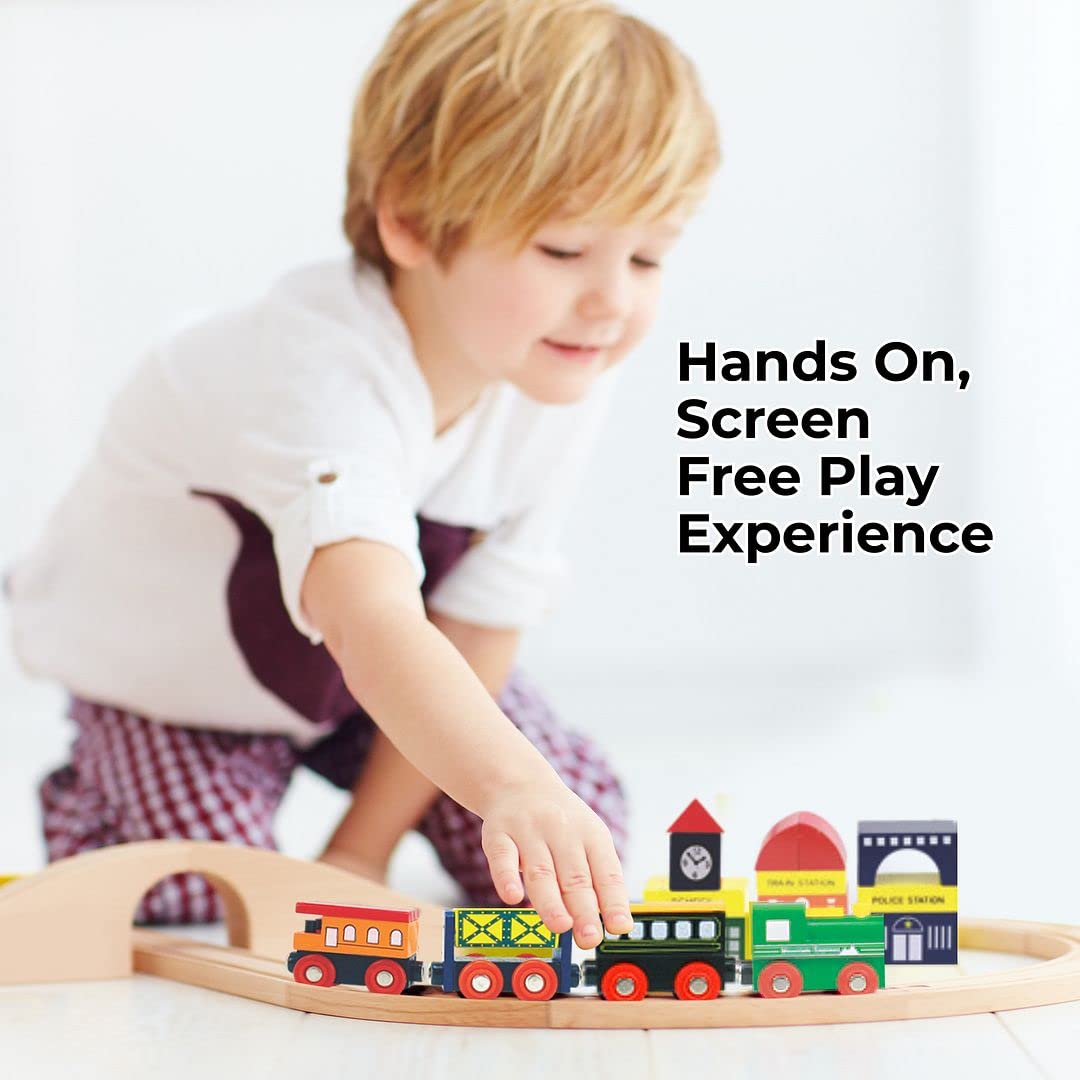 On Track Usa Wooden Train Set 100 Piece All In One Wooden Toy Train Tracks Set With Magnetic Trains And Railway Accessories, Com