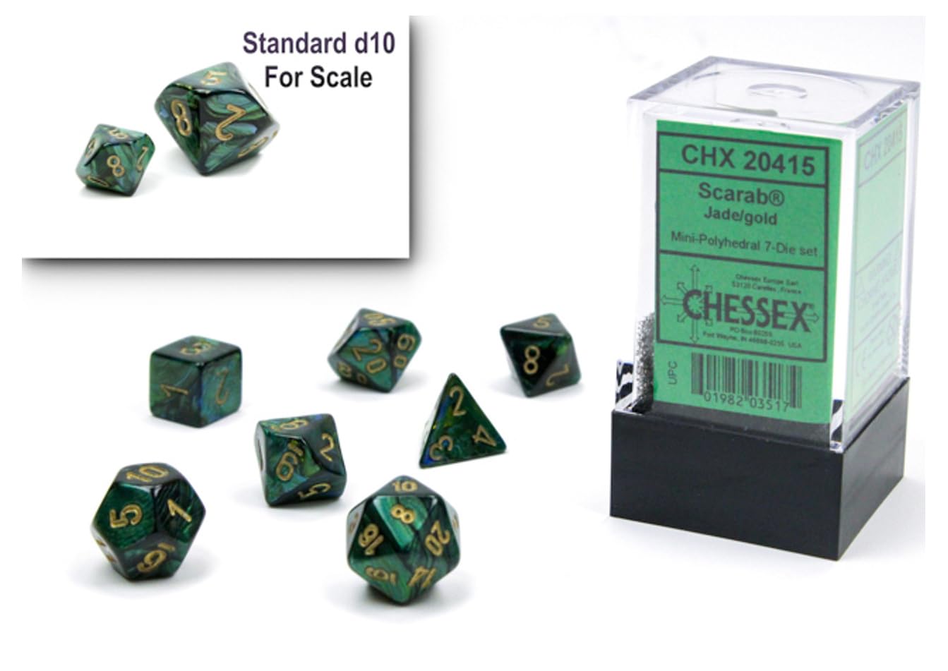 Chessex Dice Set - 10mm Scarab Jade/Gold Green Plastic Polyhedral Dice Set - Dungeons and Dragons D&D DND TTRPG Dice - Includes