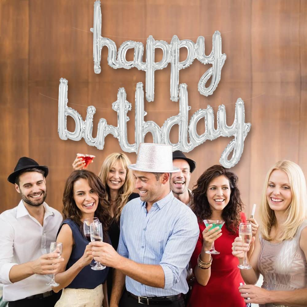 Toniful Silver Happy Birthday Balloons Banner, 16 Inch Mylar Foil Script/Cursive Letters Birthday Sign Banner Balloon Reusable M