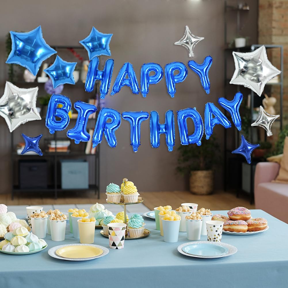 Toniful 35Pcs Blue Happy Birthday Decorations 16 Inch Happy Birthday Balloon Banner With Star Balloons Mylar Foil Birthday Party
