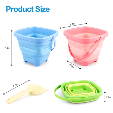 GAPER GO Beach Toys, 3Packs Collapsible Sand Bucket Set with Sand Castle Toys, Animal Molds, Shovel, Beach Essentials for Kids