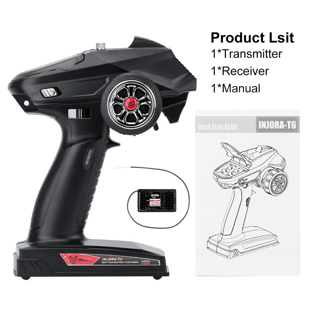 INJORA RC Transmitter 2.4GHz 6CH Controler and Receiver with Gyro Remote Inside Receiver for 1/8 1/10 RC Car Boat Tanks Crawler