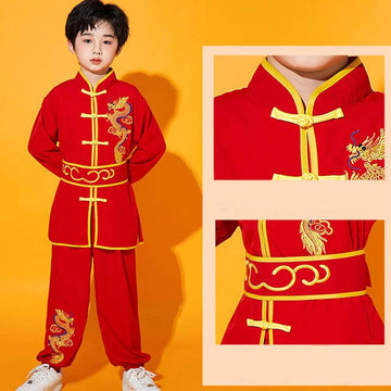 Kung Fu Uniform for Boys Girls Kids Traditional Chinese Embroidered Tai Chi Wing Chun Master Martial Arts Set Outfit (Red, XL)