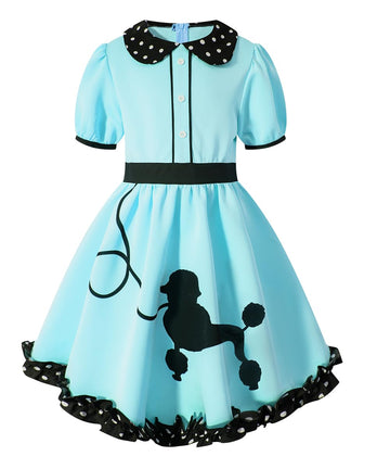 IWALUE Kids Girls 1950s Poodle Party Dresses Halloween Costume Skirt Set Dress Up(Blue,9-10 Years)