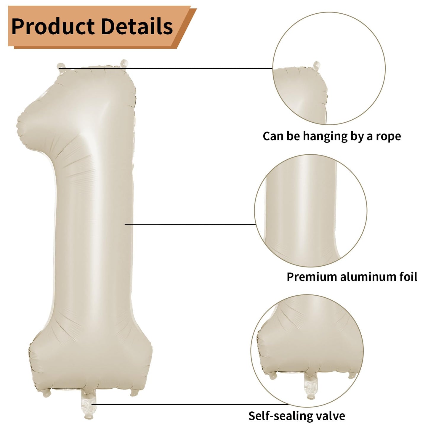 Biapian 40 Inch Cream White Number 1 Balloons, Beige White Large Number One Balloon With Cream Foil Heart Balloons For 1St Birth