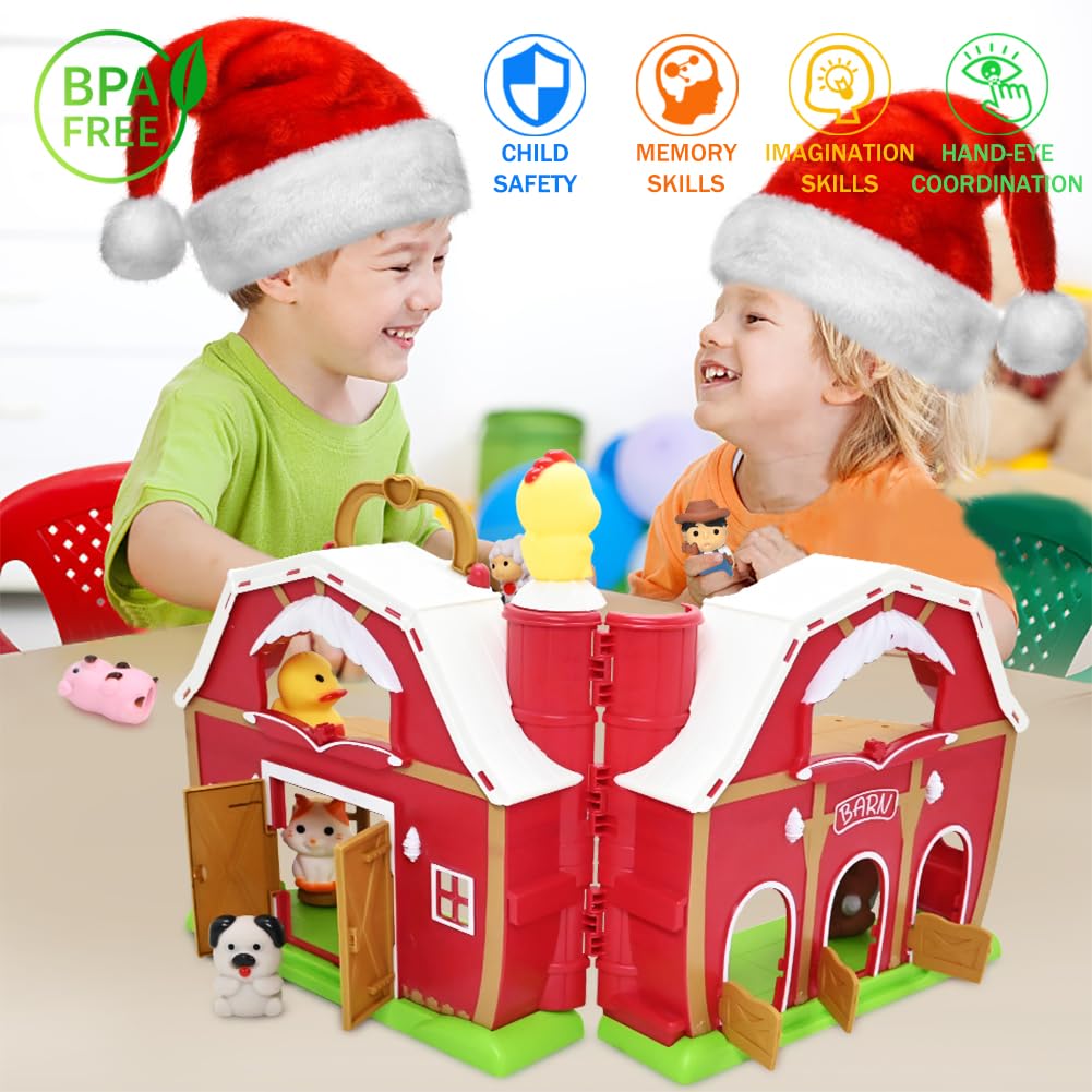 Big Red Barn Toy Farm Animal Finger Puppets For 1-3 Years Old, Pretend Farm Playset With Barn & Farmer, Preschool Montessori Learning Toys, Christmas Birthday Gift For Toddlers Boys Girls