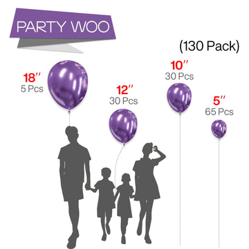 PartyWoo Metallic Purple Balloons - 130 pcs in 18", 12", 10", 5" Sizes, Rubber Material, Perfect for Birthday & Wedding Decorations