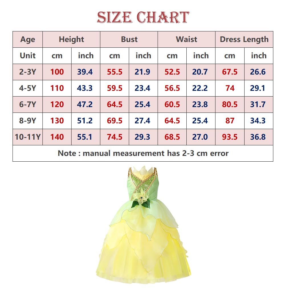 Axaxa Princess Tiana Costume For Girls - Princess And The Frog Dress With Accessories