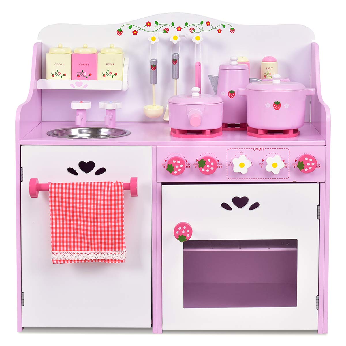 HONEY JOY Pink Kids Kitchen Playset, Wooden Pretend Play Kitchen for Toddlers, 13 Pcs Cookware Utensils, Faucet, Stove, Storage