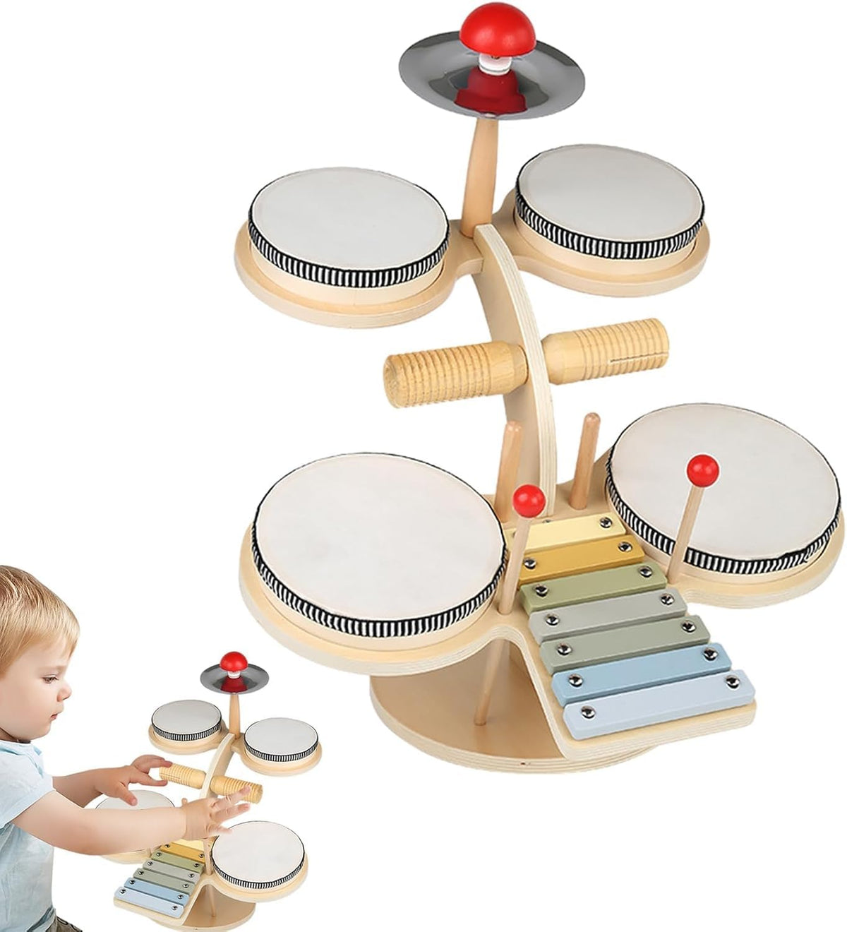Dratal Montessori Musical Toy For Toddlers Wooden Xylophone, Drum & Cymbals, Percussion Set With Mallets, Educational & Safe T
